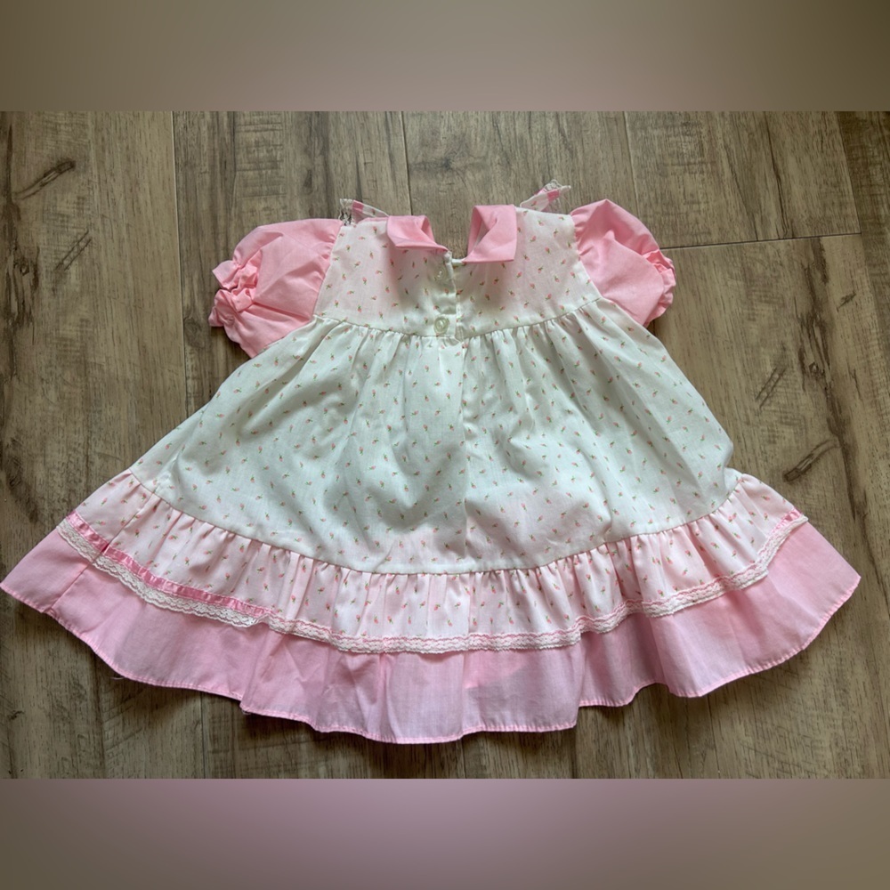 Vintage Adorable Pink and White floral flower ruffle lace ribbon Baby girl Dress - Picture 2 of 4